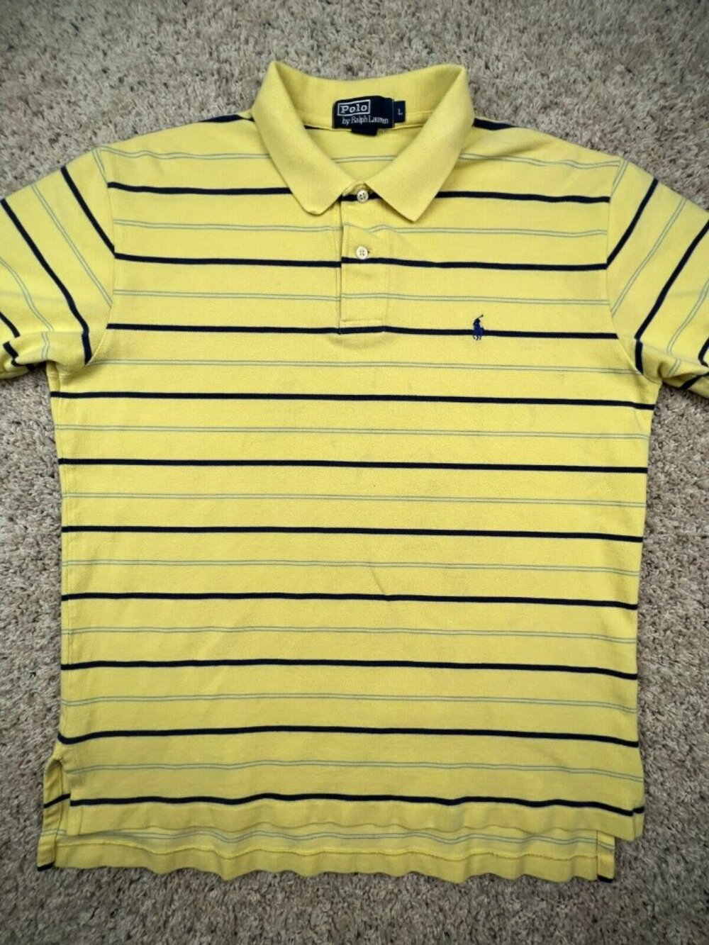 Polo Ralph Lauren Mens Yellow Blue Cotton Knit Striped Shirt Size Large Adult